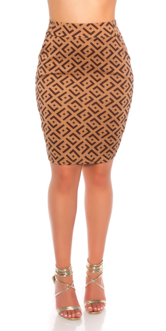 highwaist skirt with Print + belt Brown